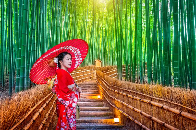 Giappone - Kyoto - Arashiyama Foresta di bamboo- geisha con kimono